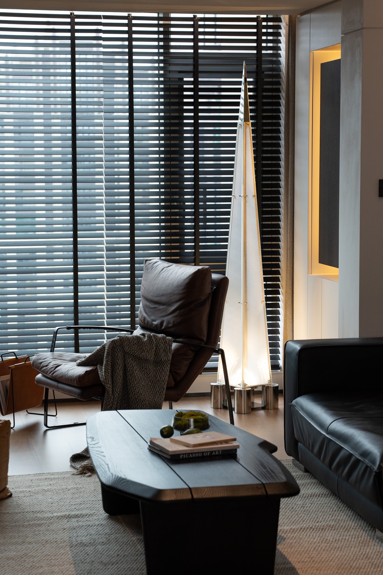 Living area / Dark furniture and window light · Completed-project photograph