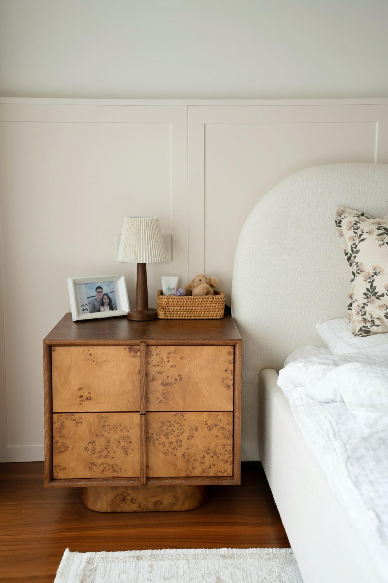 Bedroom / Timber side cabinet and styling details · Completed-project photograph